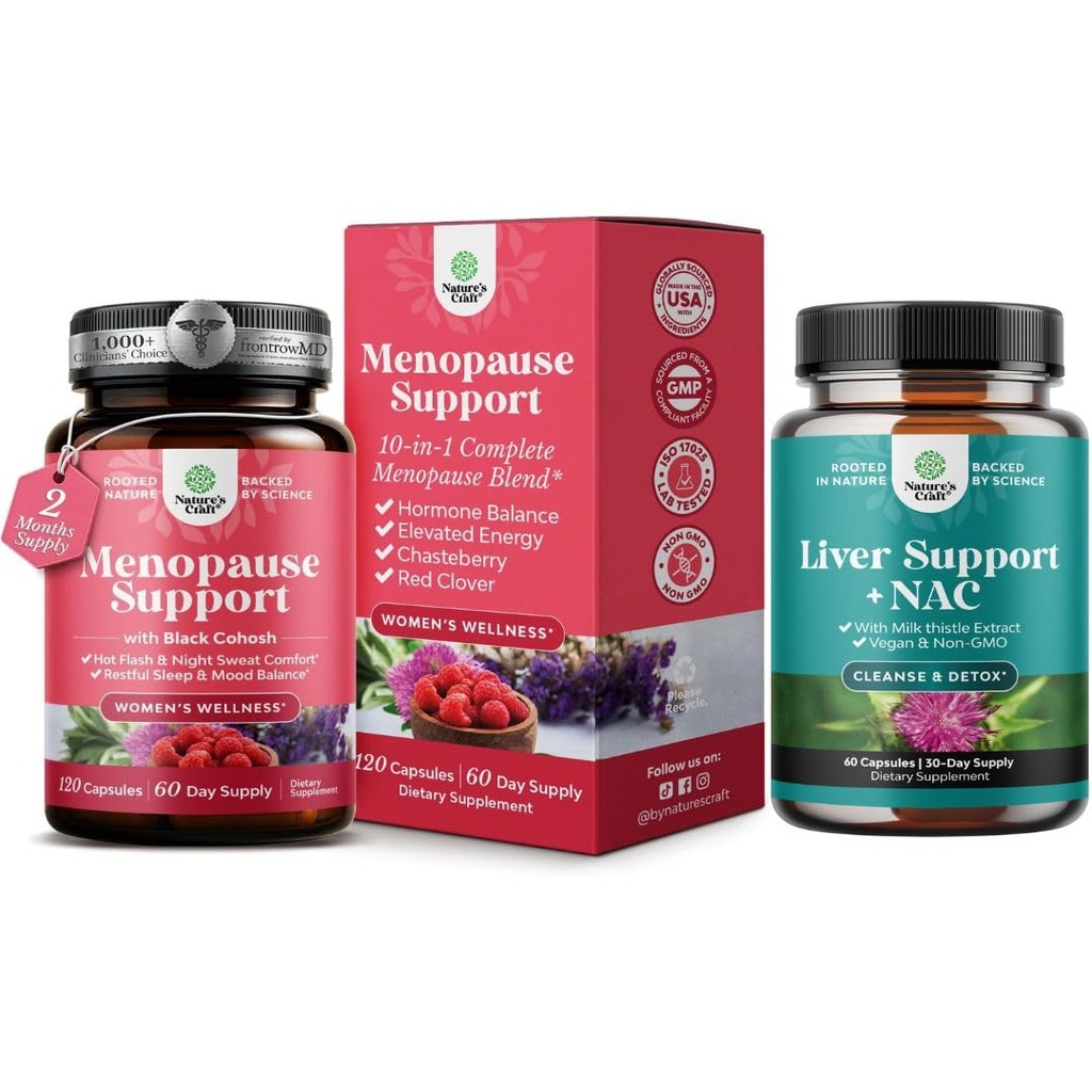 Bundle of Total Menopause Supplement with Dong Quai Vitex Chaste Berry " Black Cohosh for Natural Hormone Support and Liver Support NAC Suplemento con Milk Thistle for Liver Cleanse Detox " Repair