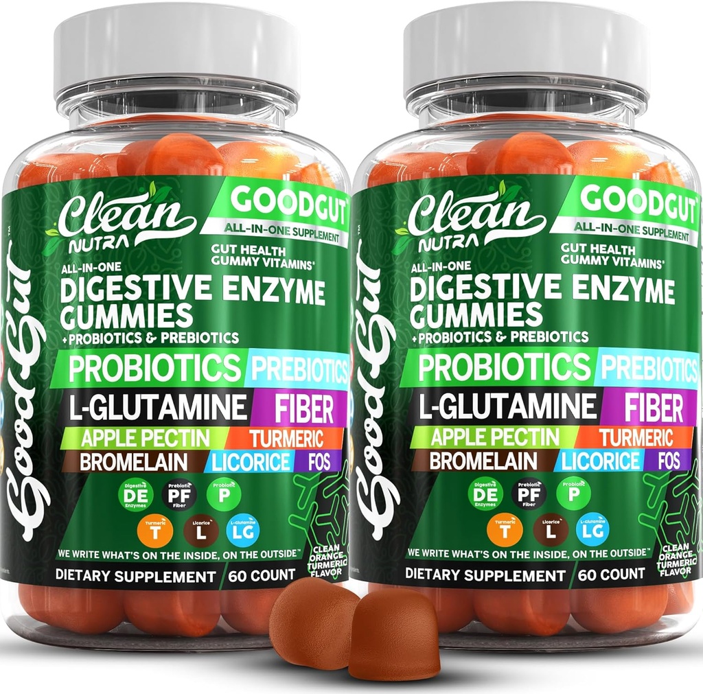 Enzimas digestivas con probióticos y prebióticos para la salud digestiva Gummies + L-Glutamina para la salud de Gut Bromelain Licorice de Turmérico Fiber Apple Pectin Inulin FOS Plant Pased Vegan Gummy Vitaminas
