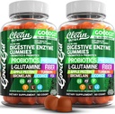 Enzimas digestivas con probióticos y prebióticos para la salud digestiva Gummies + L-Glutamina para la salud de Gut Bromelain Licorice de Turmérico Fiber Apple Pectin Inulin FOS Plant Pased Vegan Gummy Vitaminas