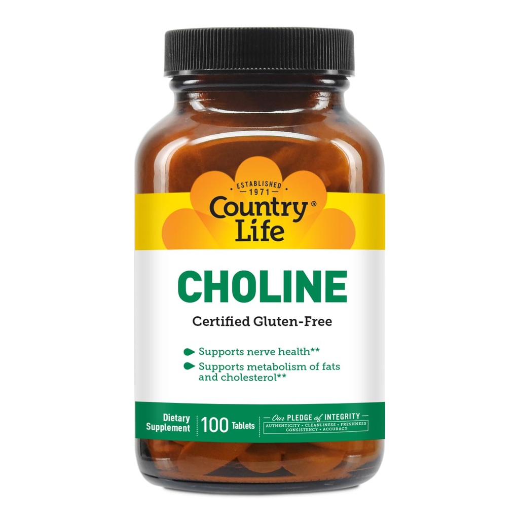 Country Life Choline 266mg, Certified Gluten Free, Certified Vegan, Certified Halal - 100 Cuadros
