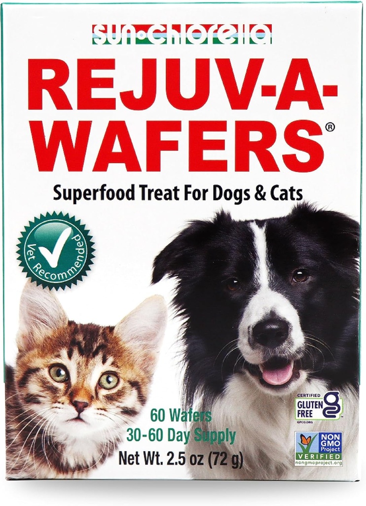 Sun Chlorella Rejuv-A-Wafers Daily Dog Cat & Animal Superfood Suplemento - Green Microalgae & Eleuthero Bits - Vitaminas, Minerales, Antioxidantes Apoyo Immune Defense, Gut Health - 60 Wafers