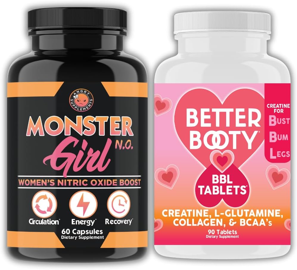 Suplementos Angry Colgante de entrenamiento femenino: Monster Girl N.O Nitric Oxide Booster 60ct + Creatine Complex Tablets 90ct 2 Bottles Total