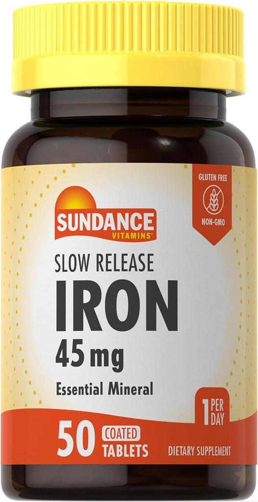 Sundance Iron 45mg Slow Release Pills ← 50 Tablets ← Essential Mineral Supplement TEN Vegetarian, Non-GMO, y Gluten Free Formula