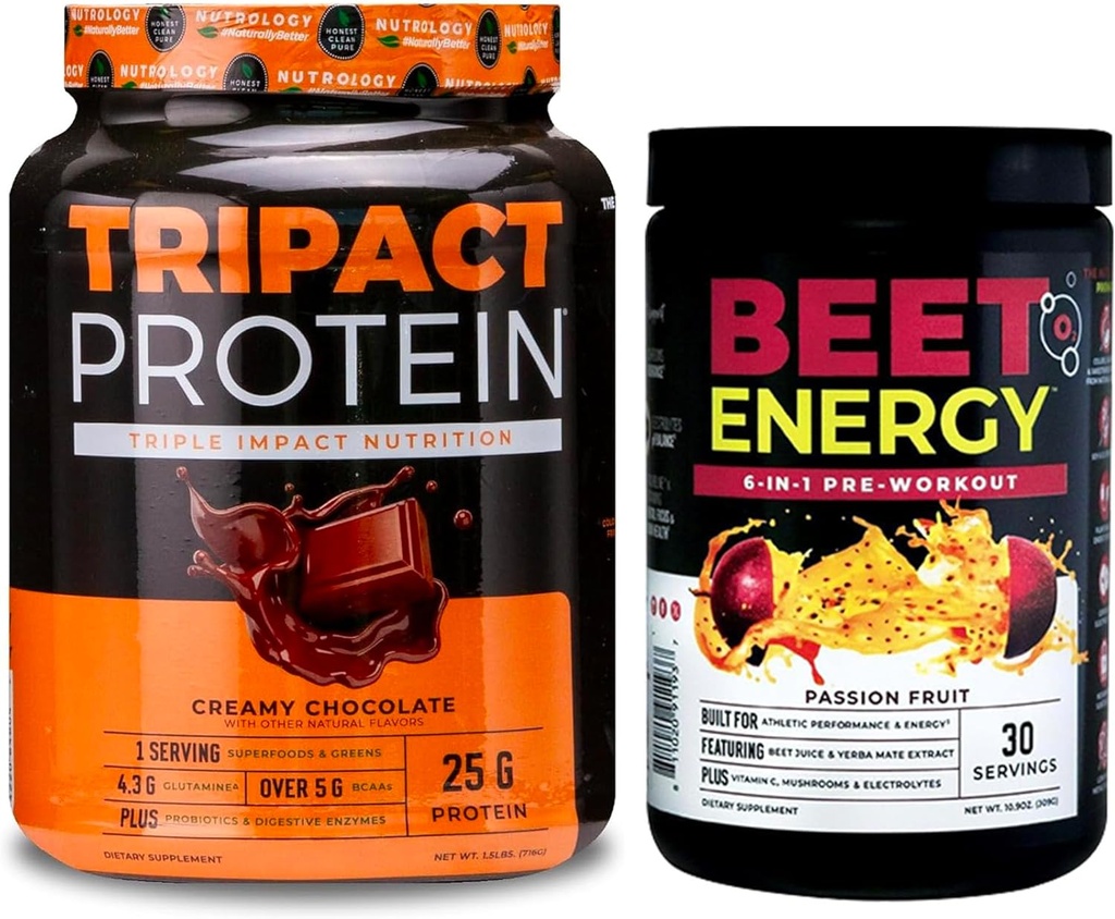 Nutrology Beet Natural O2, Pre Workout Powder, Passion Fruit Flavor (30 Servings) TRIPACT Protein Powder, 7-in-1 Meal Replacement Shake, Creamy Chocolate Flavor (20 Servings)