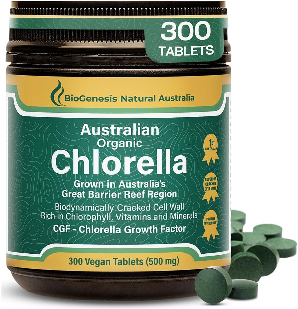 Biogenesis Organic Chlorella Tablets – 300 Conde (500mg) Muralla de células descompuestas ricas en clorofila, vitaminas " minerales "  sometida Apoya energía plagada de inmunidad