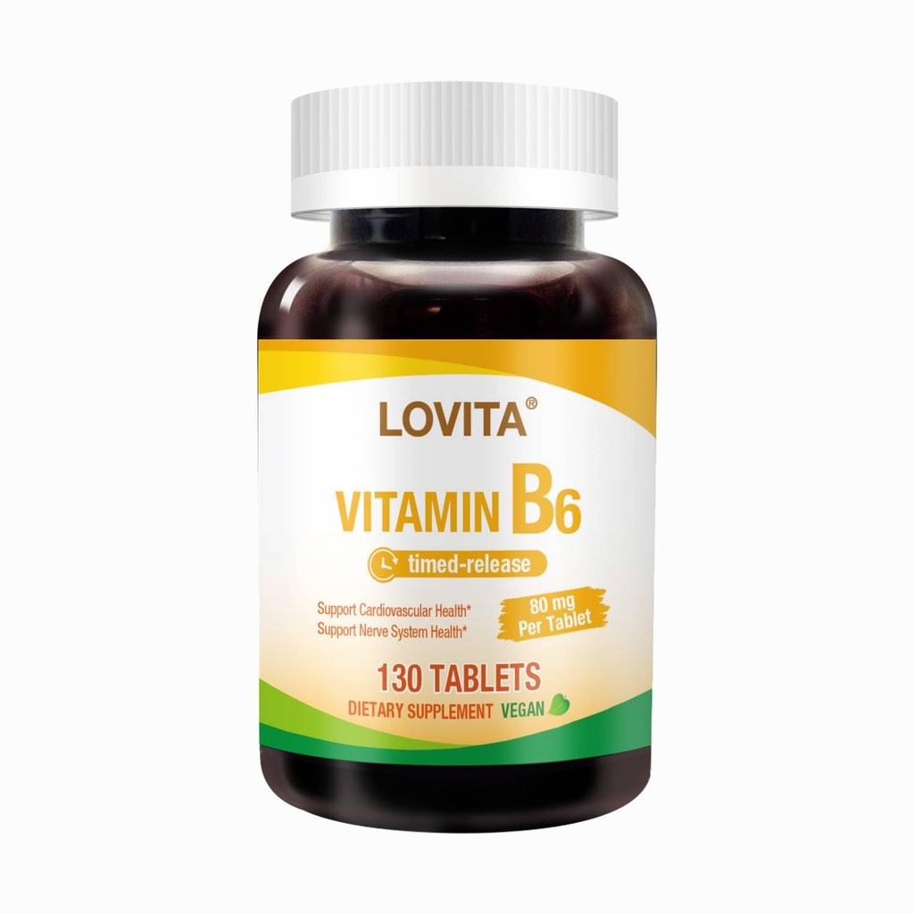 Lovita Vitamina B6 (hidrocloruro de pyridoxina) 80mg, liberación de tiempo, 8 horas sostenidas, soporte Cardiovascular & Nerve Health, 130 Vegan Tablet