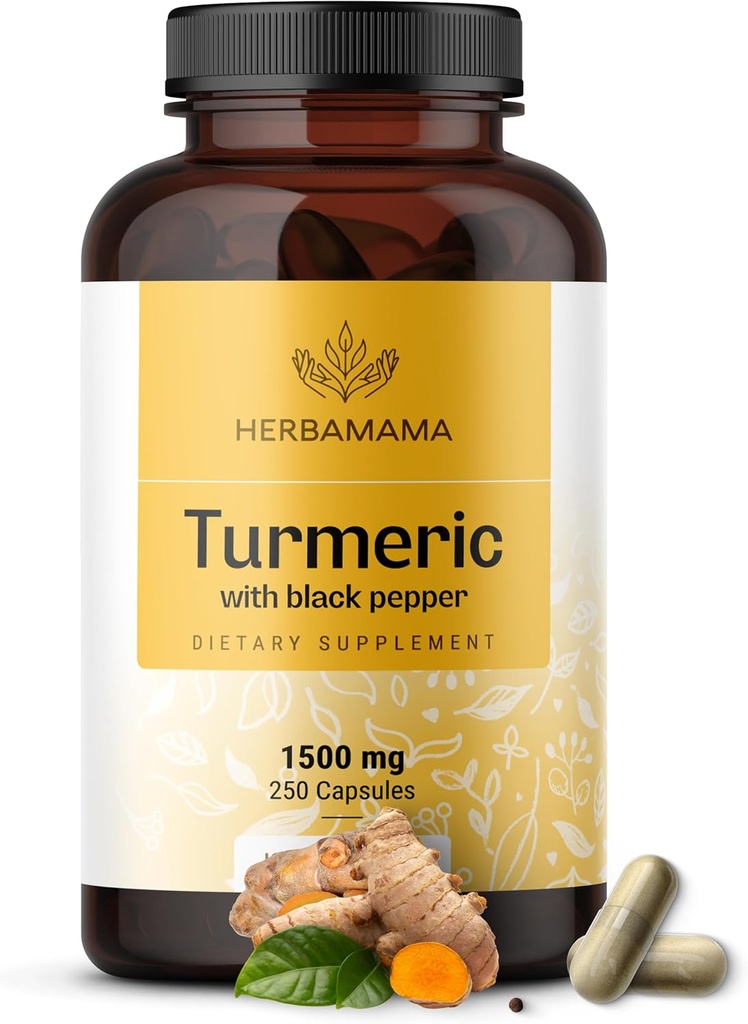 HERBAMAMA Curcumin Turmeric Capsules - 1500mg Curcuma Longa y Black Pepper Extract para Uric Acid " Digestive Support - Vegan, Non-GMO Suplemento Antioxidante Turmérico, 250 cápsulas