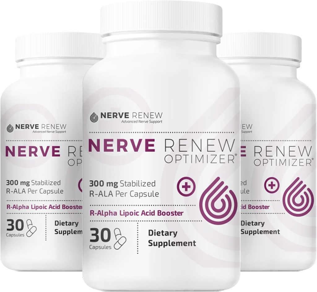 NERVE RENEW Optimizer, 3 Pack (90 cápsulas) - 300 mg Acido Lipoico R-Alfa estabilizado por cápsula para el soporte de molestias Nerve natural - Absorción rápida - seguro y todo natural