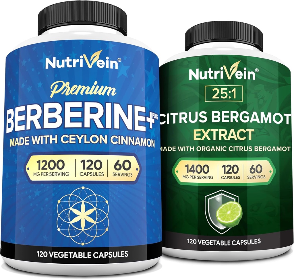 Nutrivein Premium Berberine HCL 1200mg " Citrus Bérgamot Extracto 1400mg Bundle - Ceillón de canela & 25:1 Extracto de Bergamia - Manejo de pesas & Apoyo inmunitario Plus Salud cardíaca - 120 cápsulas