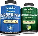 Nutrivein Premium Berberine HCL 1200mg " Citrus Bérgamot Extracto 1400mg Bundle - Ceillón de canela & 25:1 Extracto de Bergamia - Manejo de pesas & Apoyo inmunitario Plus Salud cardíaca - 120 cápsulas