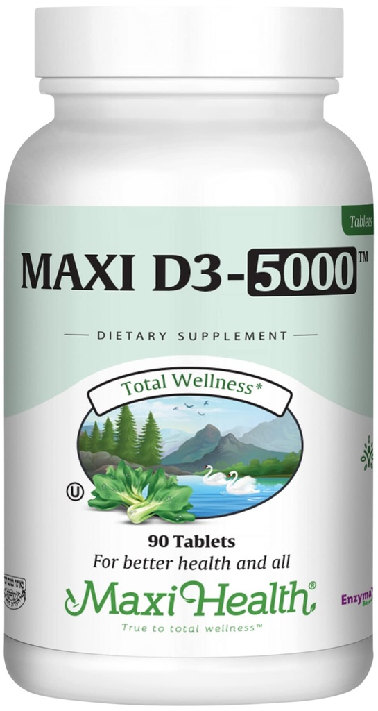 Maxi Health Vitamin D3 5000 UI (125 mcg) - High Dose Vitamin D 5000 UI - Huesos saludables, dientes, soporte inmunológico - Kosher Pure High Potency Vit D3 (90 Tablets)