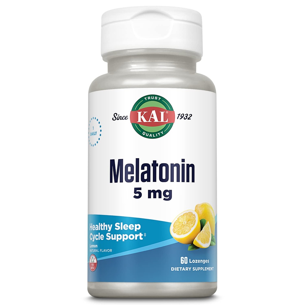 KAL Melatonina 5mg Ayuda para el sueño concesiones, suplemento de melatonina apoya la calidad del sueño, la relajación calmante y un ciclo del sueño saludable, con vitamina B6, vegetariano, sabor natural de limón, 60 lozenges