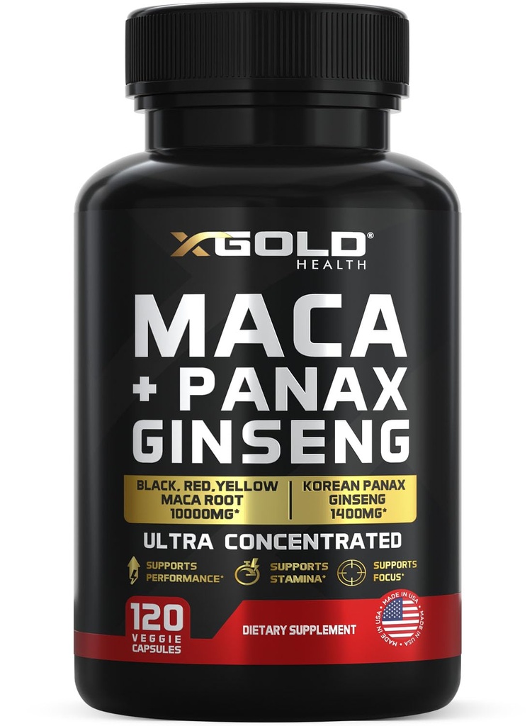 Maca Root Capsules 10,000mg + Coreano Panax Ginseng 1,400mg - 20x Extracto Concentrado Negro + Rojo + Amarillo Maca Root, 10x Extracto Concentrado Panax Ginseng Capsules - Ultra Potent &amp; Alta Purificado