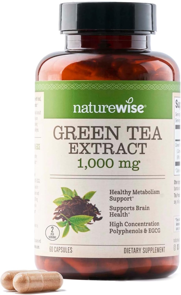 NatureWise Green Tea Extract Capsules 1000 mg - 50% EGCG & 98% Polyphenols - Extra Strength Green Tea Pills - Antioxidantes para la salud cardíaca & energía - Vegan, Non-GMO - 60 Conde[30-Day Supply]