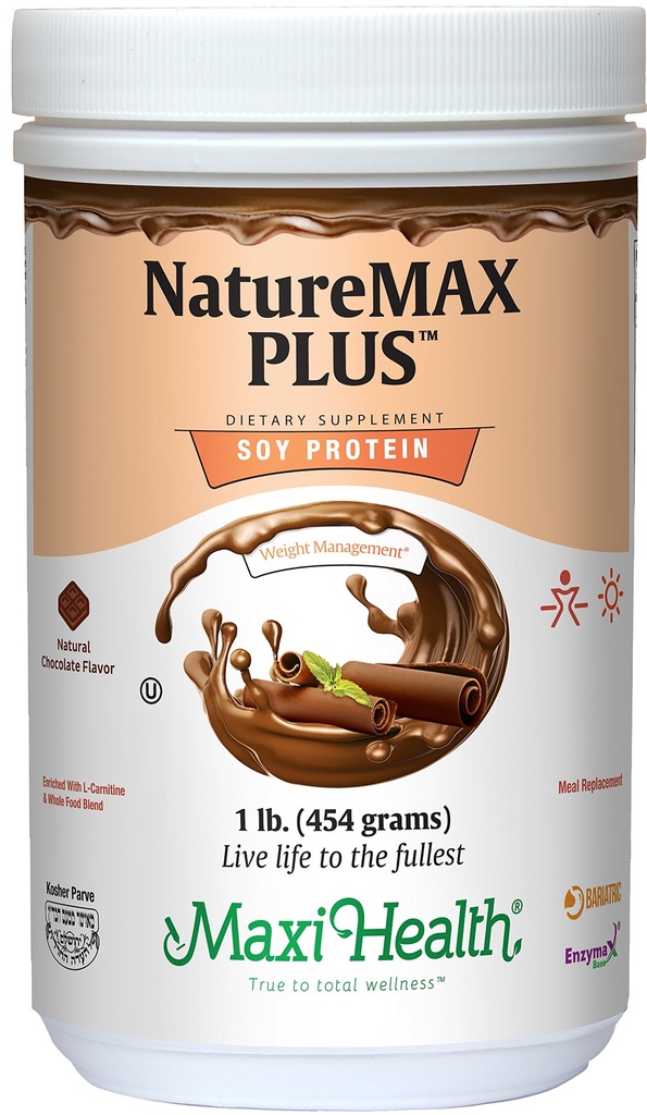 Maxi-Health NatureMAX Plus Energy Support Drink Soy Protein Powder - Sugar Free Diet Supplement - 20g Protein Por Serving - Natural Chocolate Flavor - Kosher Vitamina - 1lb