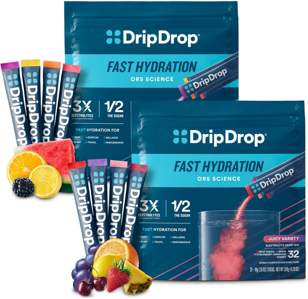 DripDrop Hydration - Electrolyte Powder Packets - Watermelon, Berry, Lemon, Orange, Fruit Punch, Grape, Strawberry Lemonade, Cherry - 64 Conde