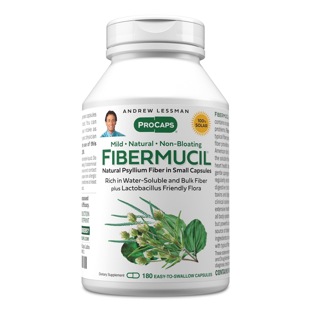 ANDREW LESSMAN Fibermucil 180 Capsules -Psyllium Husk Powder. Promueve la regularidad y la salud digestiva. Rico en Fiber. Gentil, fácil, eficaz. Sin aditivos. Cápsulas pequeñas fáciles de absorber