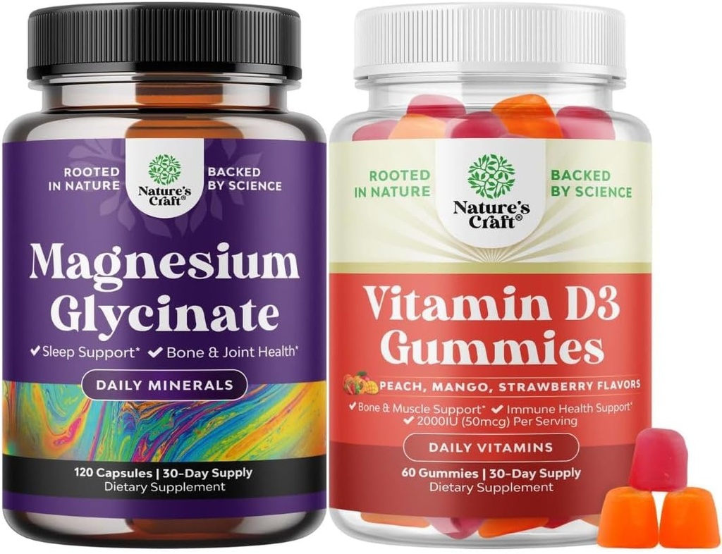 Bundle of Pure Magnesium Glycinate 400mg Por Serving for Mood Sleep and Relaxation and Vitamin D3 Gummies for Daily Wellness or Bone Muscle & Immune Support