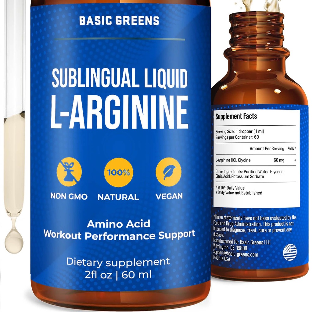 L-Arginine Liquid Nitric Oxide Supplement for Men and Women – Non-GMO Vegan for Circulation, Endurance, Energy, Stamina, Performance and Workout – 2 fl oz