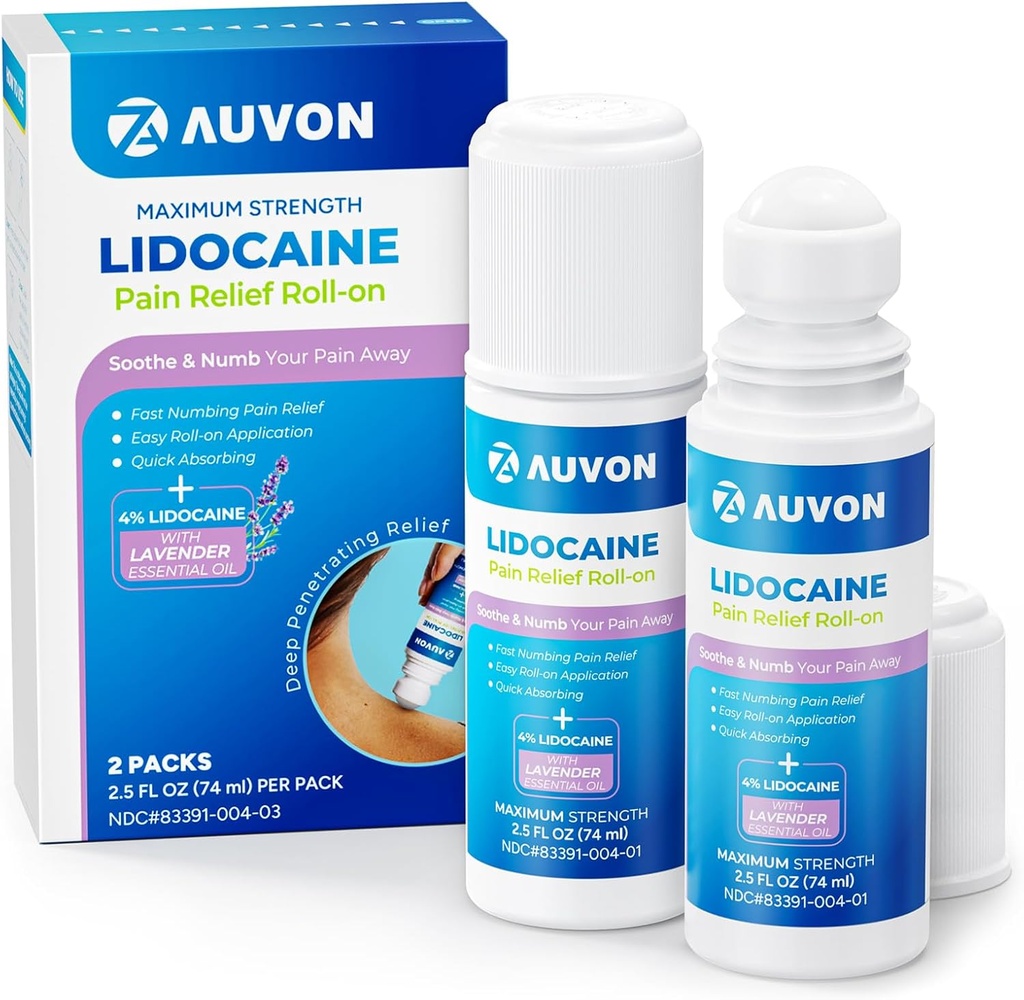 AUVON Max Strength Lidocaine Pain Relief Roll-On with Lavender Essential Oil, No Mess Applicator, Quick Absorbing to Numb & Soothe Pain Relief for Knees, Hombros, FSA/HSA Eligible, 2.5 OZ, 2 Packs