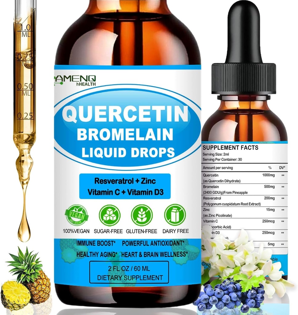 Quercetina con vitamina C y zinc - Quercetina gotas líquidas - Quercetina con bromelaina - Zinc Quercetina - Suplemento de Apoyo Inmunitario para la Salud Respiratoria Respuesta del cuerpo a las alergias ocasionales