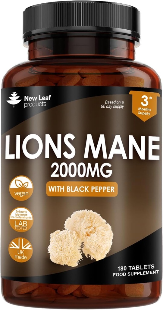 Nuevo Leaf Productos Lions Mane Mushroom Extract Suplemento 2000mg - 180 High Strength Vegan Tablets with Black Pepper - (No Powder o cápsulas) Made in The UK