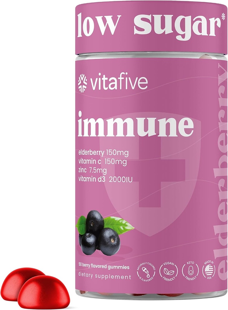 vita Five Elderberry Gummies - Soporte de Inmuno de azúcar bajo para adultos - con vitamina C y Citrato de zinc - Vegan, Allergen Gratis (50 Ct)