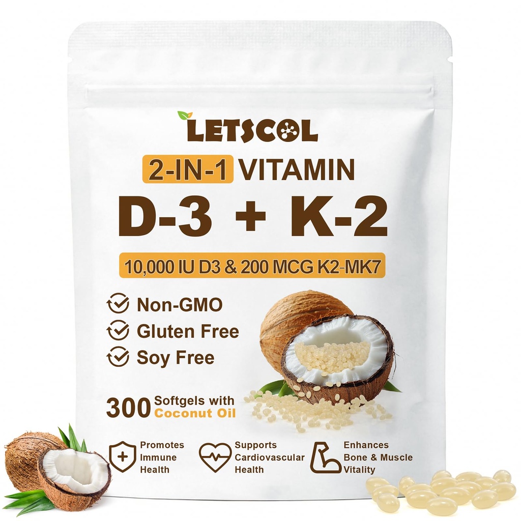 2-en-1 Vitamina D3 K2 Suplemento Softgel, Vitamina D3 10000 UI y Vitamina K2 200 mcg, K2 MK7 con D3 Suplemento de Vitamina Immune, Corazón, Conjunto, Dientes &amp; Bone Health