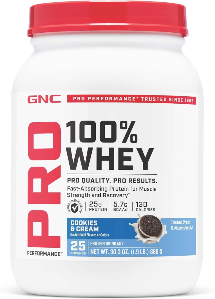 GNC Pro Performance 100% Whey Protein Powder 2.0, Fast Absorbing for Muscle Strength and Recovery, Cookies y Crema, 25 Servimientos
