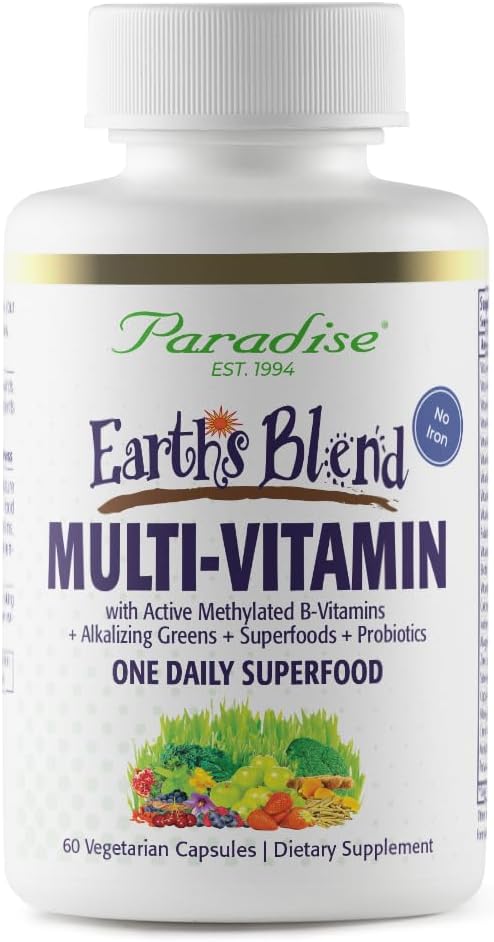 Hierbas Paradisiacas La Tierra Una vez Multivitamínico diario para Hombres, No Hierro, 48 Superalimentos orgánicos, Probióticos y Vitaminas A, B12, C, D, K2, 60 Cuenta