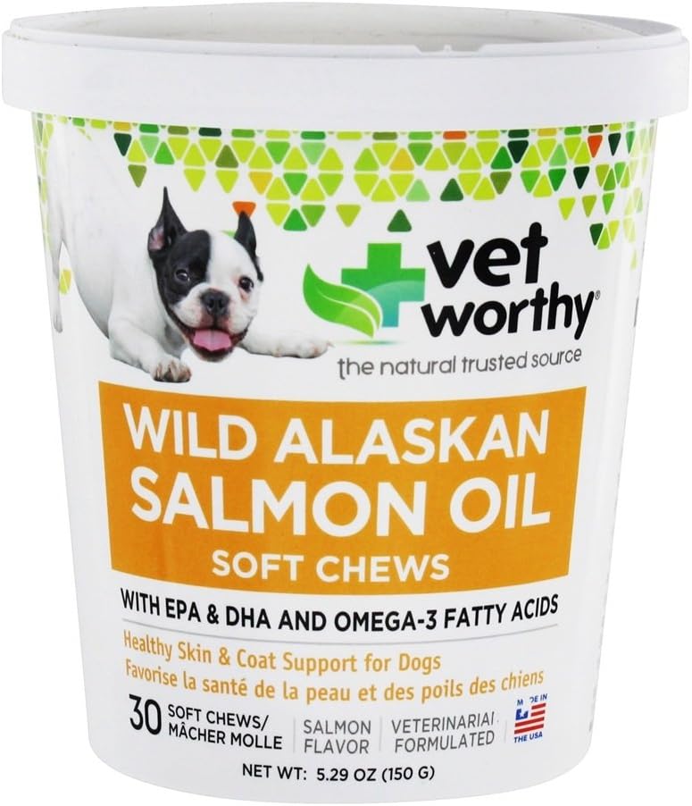 Vet Worthy Salmon Oil Skin and Coat Soft Chews for Dogs - Complemento de perro para soportar la piel sana y la piel hermosa - Suplemento de aceite de pescado con Omega 3 ácidos grasos - Salmon Flavor - 30 cerdas suaves