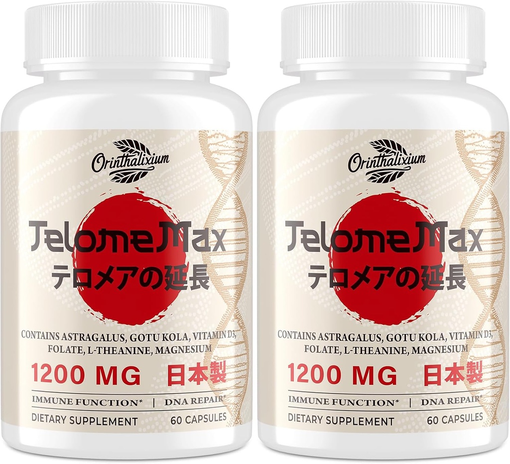 Suplementos de longitud de telomere – Astragalus orgánico, Gotu Kola, Vitamina D3, Folate, L-Theanine – Anti-Aging, DNA Repair, Immune & Cellular – 60 cápsulas Vegan, Hecho en Japón (2 botella)