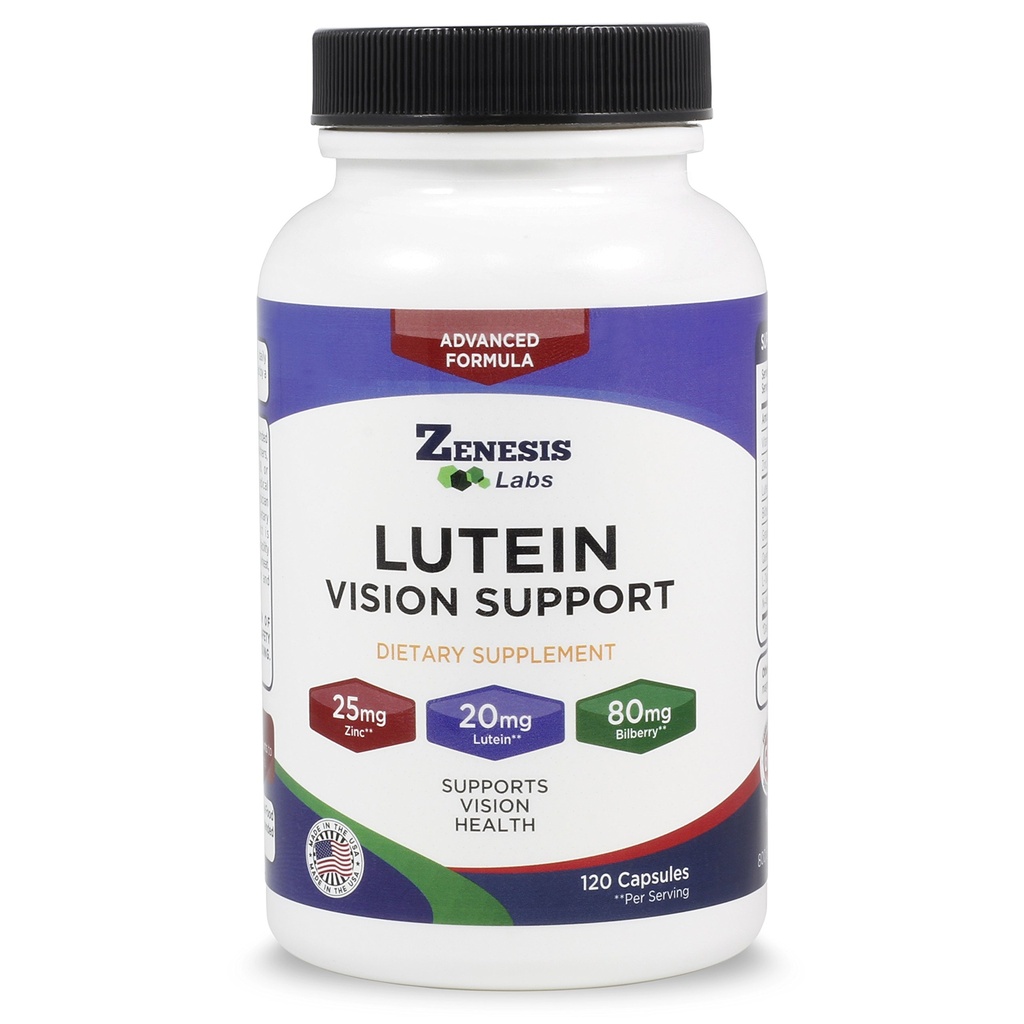 Zenesis Labs Lutein Vision Support - Essential Eye Vitamin - with Bilberry, Beta-Carotene, Zinc, Grapeseed &amp; Other Minerals - 120 Capsules - 60 Day Supply