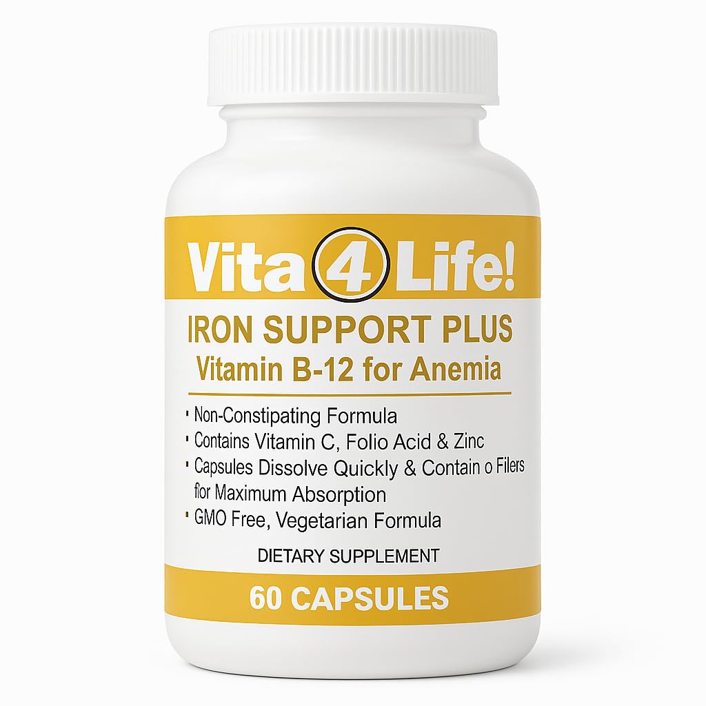 Vita4Life!® Iron Support Plus - 40 mg de hierro con vitamina C, B-12, ácido fólico " Zinc - 60 cápsulas - Fórmula no constipante para el soporte de células rojas de sangre " Energy - Vegetariano " GMO-Free