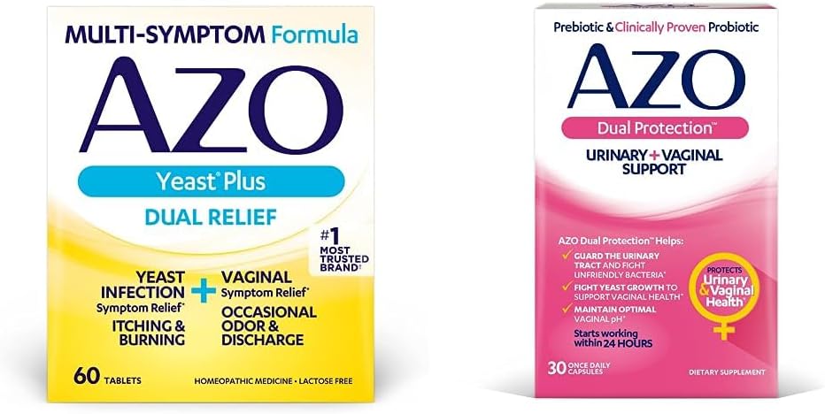 AZO Yeast Plus Dual Relief 60 Tablets, Infección de levadura &amp; Vaginal Symptom Relief + Dual Protection, Urinary + Vaginal Support*, Prebiótico Plus Probiótico Femenino Probiótico 30 Cuenta