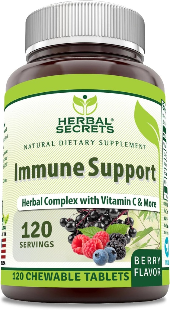 Herbal Secrets Immune Support with Vitamin C & Elderberry ← Berry Flavor Chewable Tablets  120 Count ← Non-GMO ← Glute-Free Silencio Made in USA