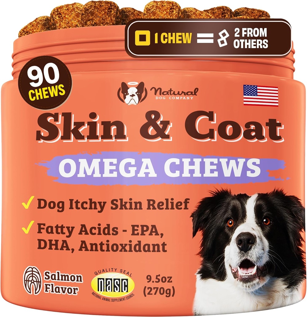 Natural Dog Company Skin & Coat Supplement for Dogs Omega-3 Rich Salmon Oil Chews for Itchy Skin Relief – Shedding & Alergy Support, Shiny Coat Health, with Biotin, Vitamin E, Grain-Free (90 Count)