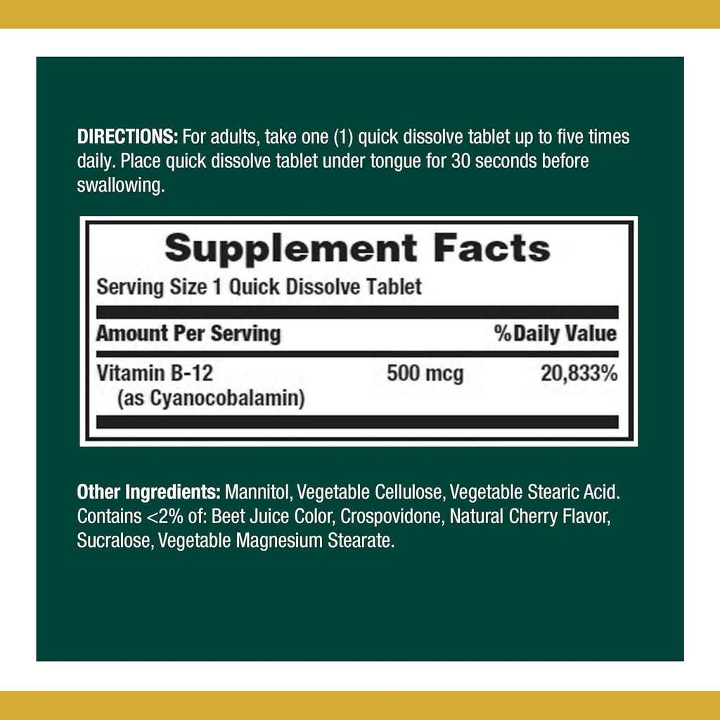 La vitamina B12 de la naturaleza, apoya el metabolismo energético y la salud del sistema nervioso, 500 mg, 100 tabletas rápidas de disolución (Pack of 2)