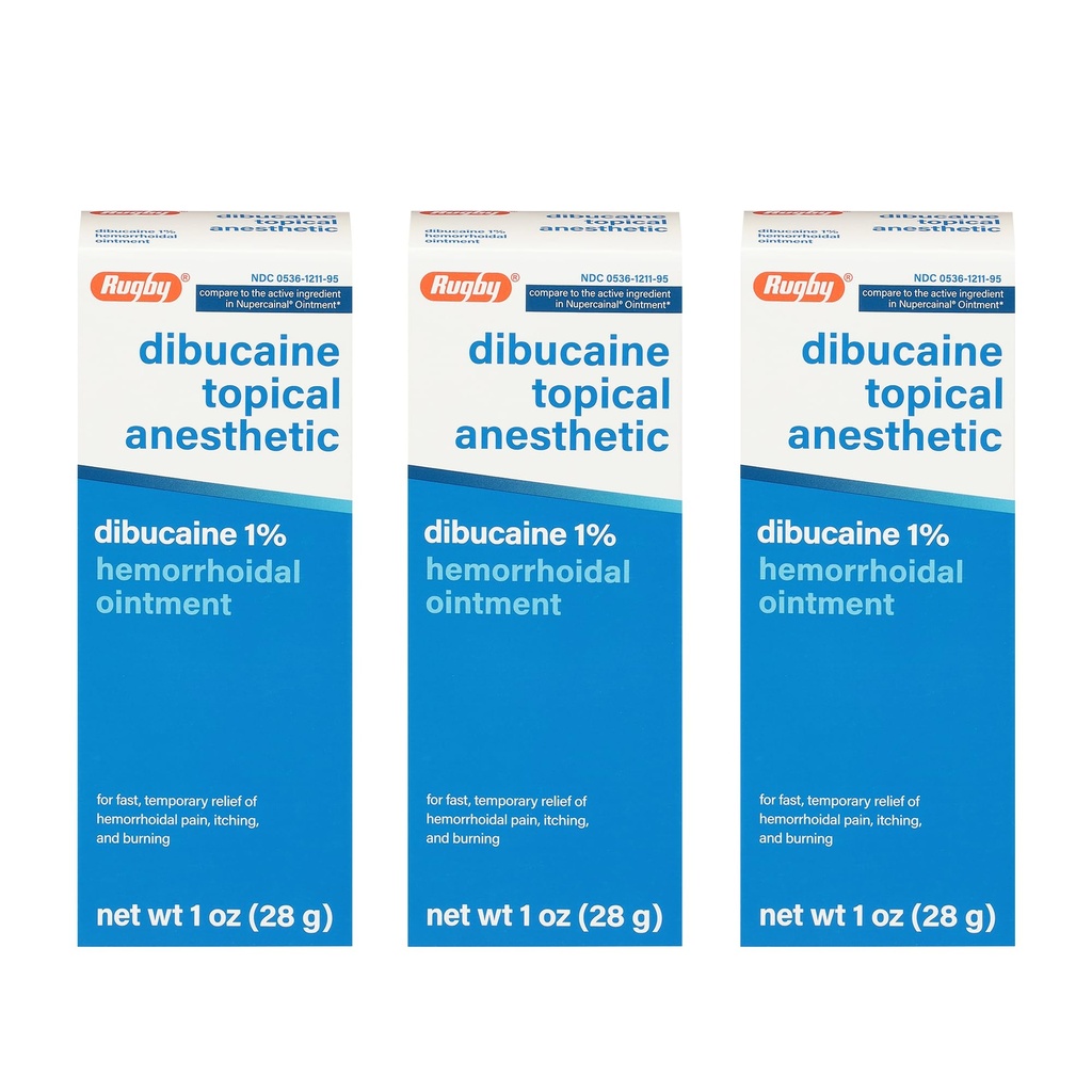 Rugby Dibucaine Topical Anesthetic 1% Hemorrhoid Ointment - Crema de alivio de dolor para picar y quemar, Tratamiento de hemorroides, Anti Itch Cream 1 Oz (3 Pack)