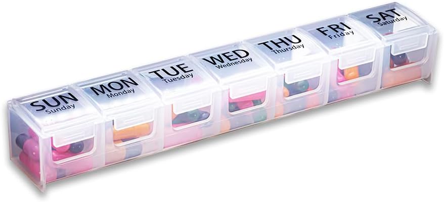GMS Organizador semanal de píldoras - Caja de 7 días para suplementos, vitaminas y medicamentos - Latches seguros - Ideal para uso diario " Travel - Clear