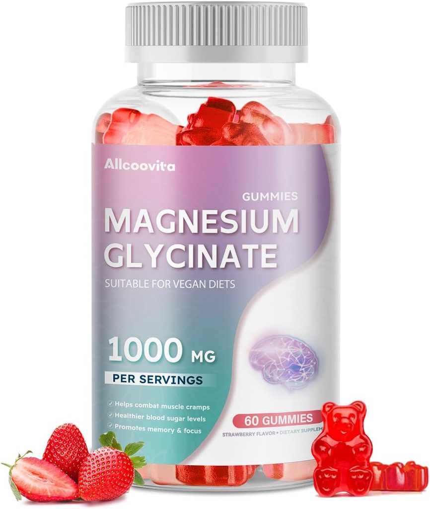 Magnesio Glycinate Gummies 1000mg - Suplemento de Potasio de Magnesio Libre de Azúcar con Vitamina D, B6, CoQ10 para calma Mood & Sleep Support - 60 Gummies de Fresa -1 Pack