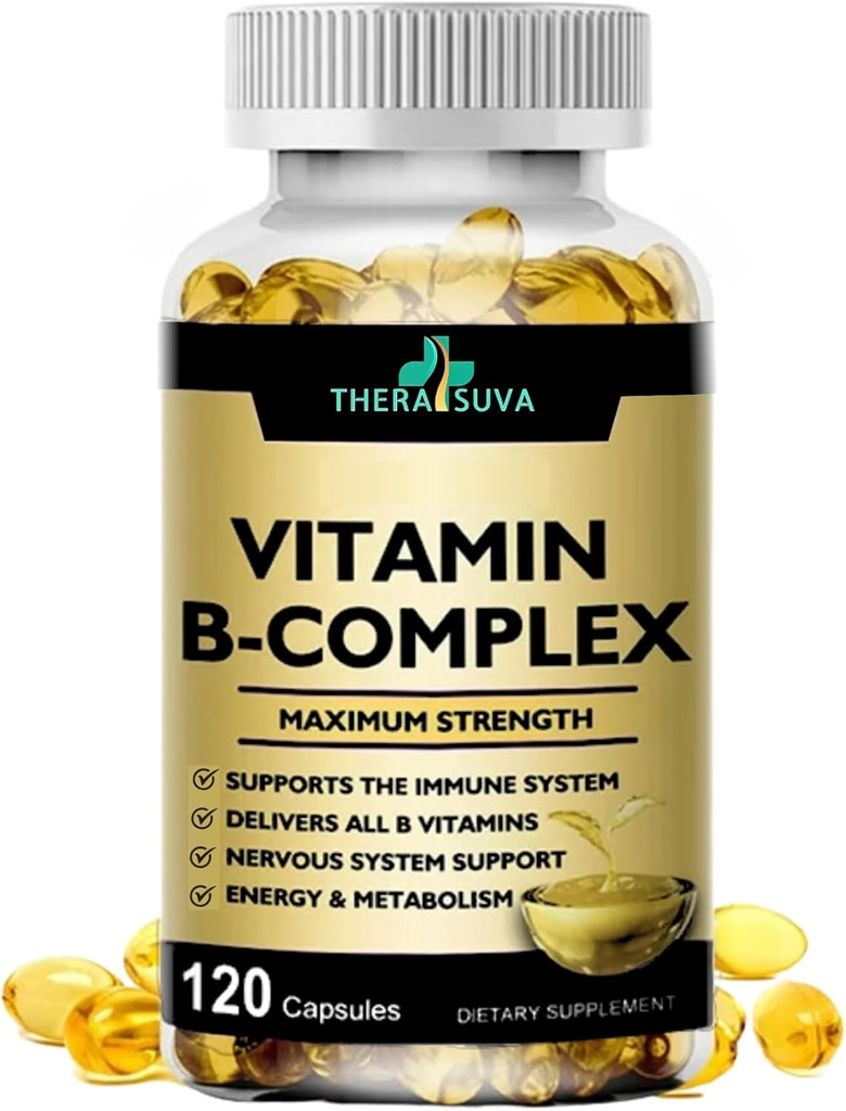 Max Strength Vitamin B-Complex + CoQ10 + Vitamina C – Suplemento Natural de Alta Potencia para Energía y Metabolismo Soporte – 120 Softgels, 60 Day Supply