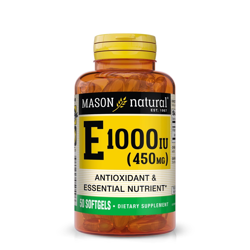 MASON NATURAL Vitamina E 450 mg (1,000 UI) - Antioxidante y Nutriente Esencial, Sistema Inmunitario Saludable, Esquía y Ojos, Suplemento completo del Cuerpo, 50 Softgels