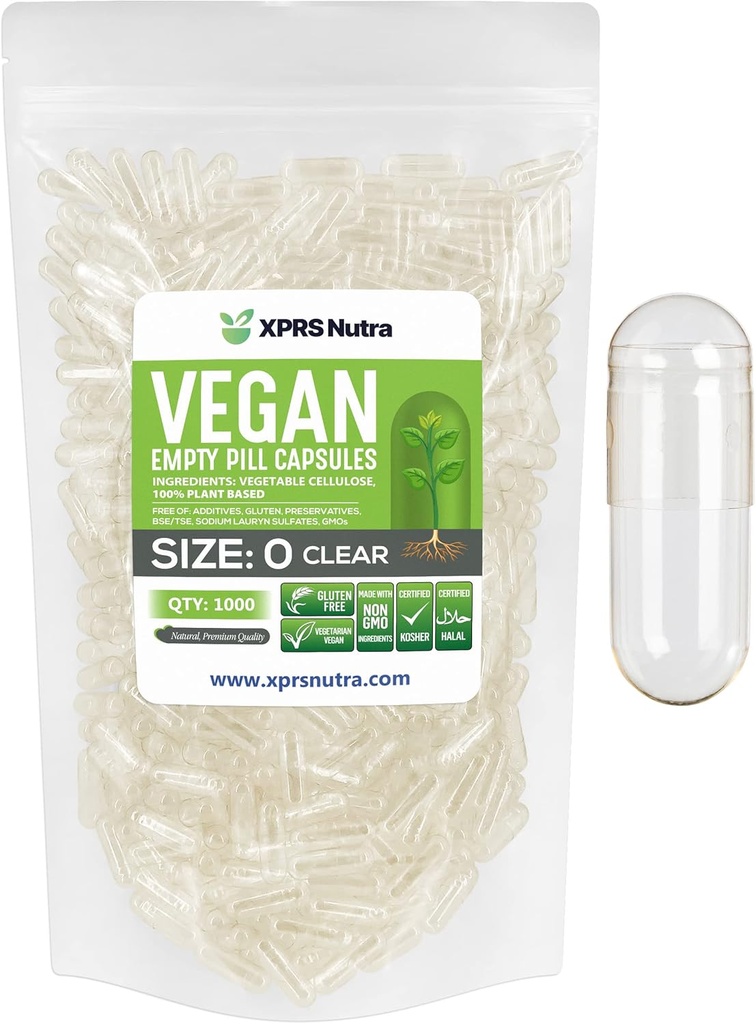 XPRS Nutra Size 0 Empty Capsules - 1000 Count Clear Empty Vegan Capsules - Vegetarian Pills - DIY Relleno de cápsulas vegetales - Capas de píldoras vegetarianas para suplementos Do-It-youself