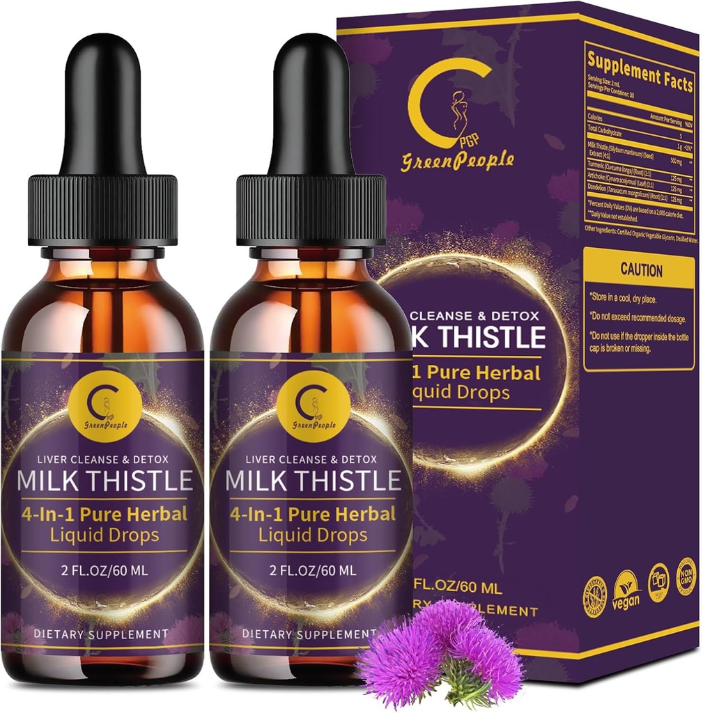 (2 Pack) Milk Thistle Liquid Drops for Liver Cleanse Detox " Repair, Milk Thistle Supplement with Dandelion Root, Artichoke " Turmeric for Liver Support and Immune Health, Vegan, Non-GMO, 4 FL OZ
