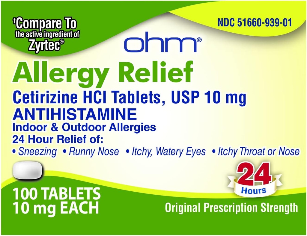 Ohm Cetirizine 10 mg Tablet - Alivio de Alergia de Todos los Días - 100 Cuenta - Anti-Histamínico para Hay Fever, Pollen, Ojos secos de picor - Alivio Efectivo de Todas las Alergias del Día