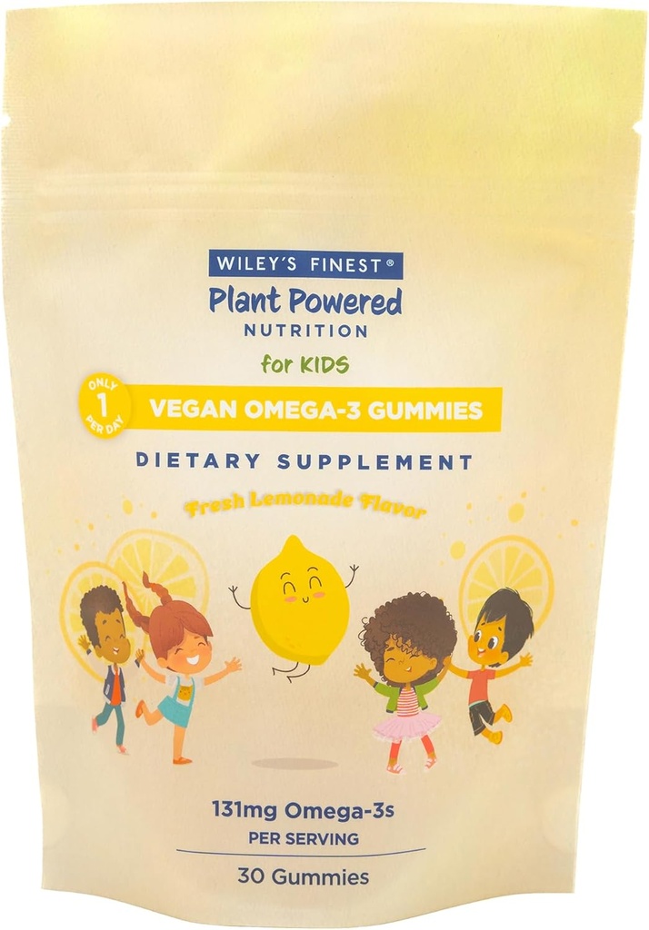 Wiley's Finest Kids Vegan Omega-3 Gummies - Natural Sugar - Vegetarian DHA, ALA &amp; SDA - Gluten Free - Lemon Flavor, 30 Gummies