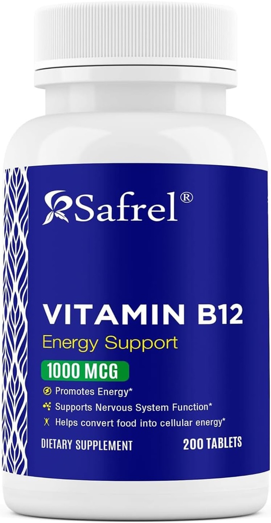 Safrel Vitamin B12 1000 mcg por Tablet, 200 Days Supply, Provides Energy, Metabolism and Nervous System Health Support ¦ Vegan, Gluten Free and Dye Free ← Made in USA