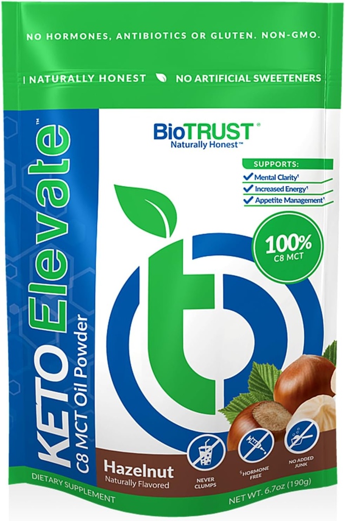 BioTrust Keto Elevate – Puro C8 MCT Petróleo Polvo – Suplemento de la Dieta Ketogénica & Crema de Café Paleo para Energía Limpia, Enfoque Mental y Claridad – Ácido Cácer Cácer 100% no GMO (Hazelnut, 20 Servimientos)