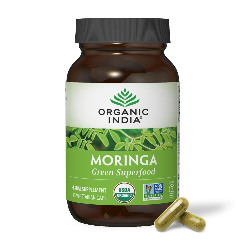 ORGANIC INDIA Moringa Capsules Orgánico - Moringa Suplemento - Superalimentos Verdes, Moringa Leaf Capsules, Puro Superverde, Verdes Veganos, Multivitamina de la naturaleza, Vegan, Libre de gluten - 90 cápsulas